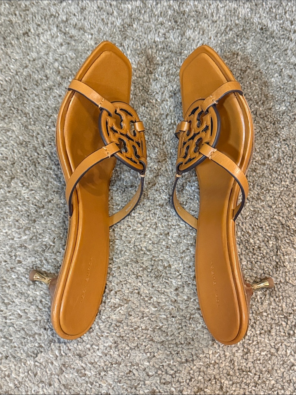 Tory Burch Miller Double Strap Leather Slide Sandals Gold Kitten Heel Tan SZ 11 - Picture 4 of 10